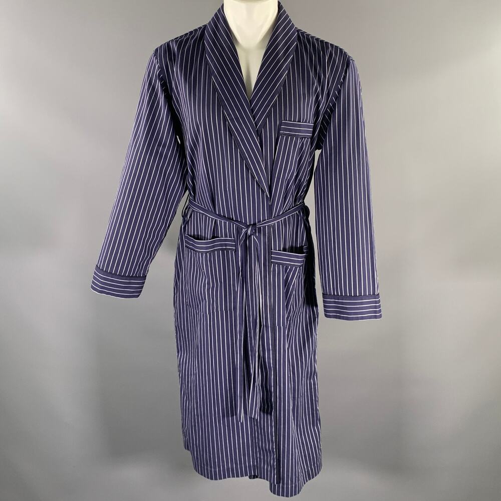 ERMENEGILDO ZEGNA Size S Navy White Pinstripe Cotton Belted Robe